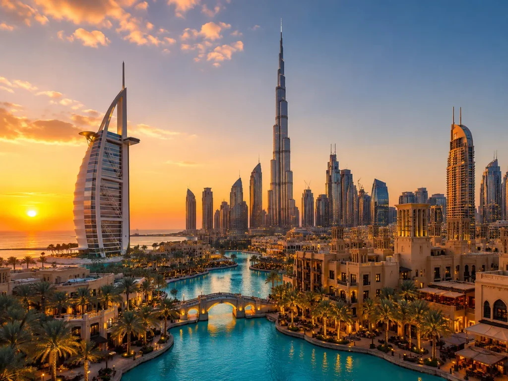 Skyline von Dubai bei Sonnenuntergang mit modernen Wolkenkratzern