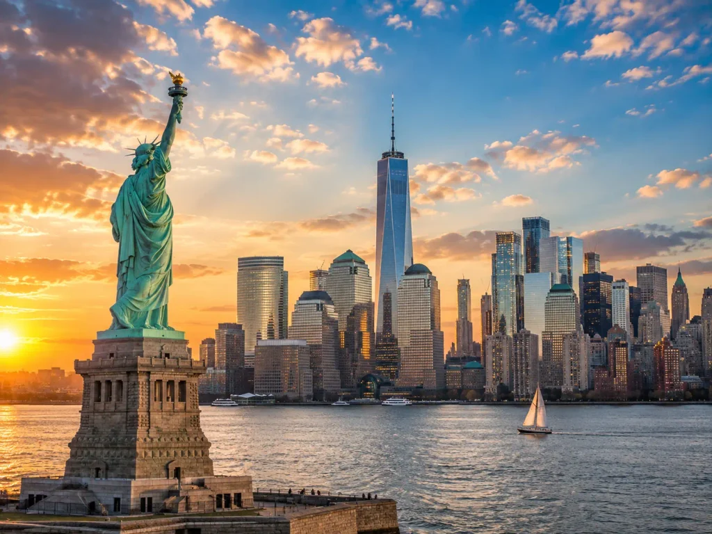 New Yorker Skyline mit Freiheitsstatue bei Sonnenuntergang