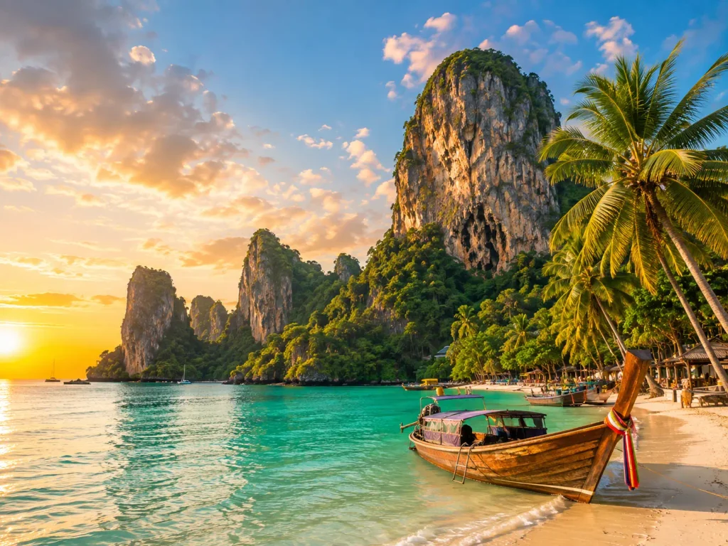 Tropischer Strand in Thailand mit Longtailboot und Kalksteinfelsen